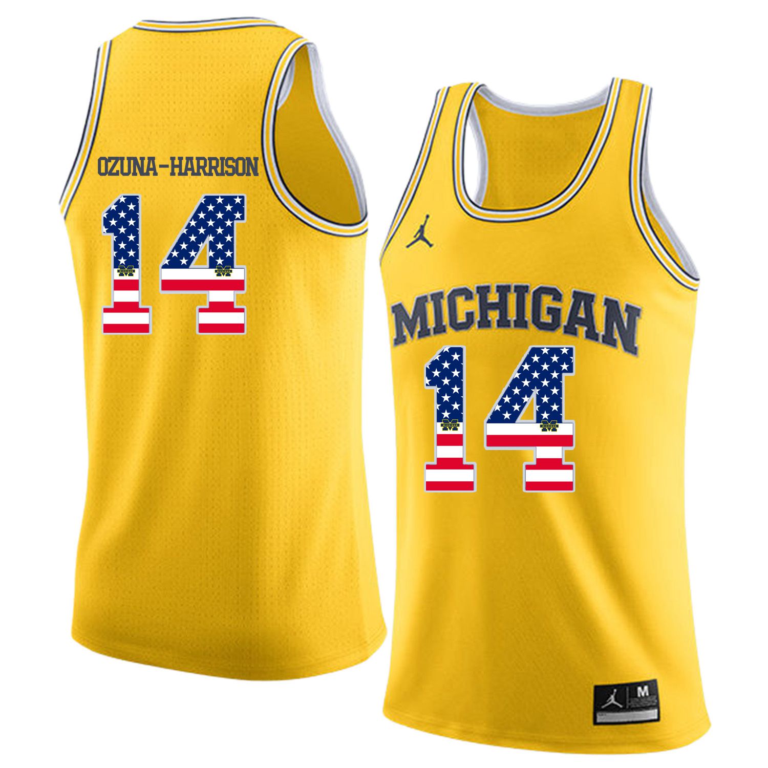 Men Jordan University of Michigan Basketball Yellow #14 Ozuna-Harrison Flag Customized NCAA Jerseys
